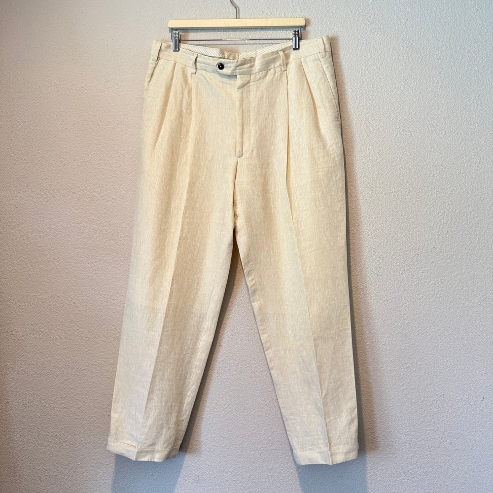 Luigi Baldo Mens 38x32 Tollegno 1900 Pure Linen Pleated Trousers Cream Italy